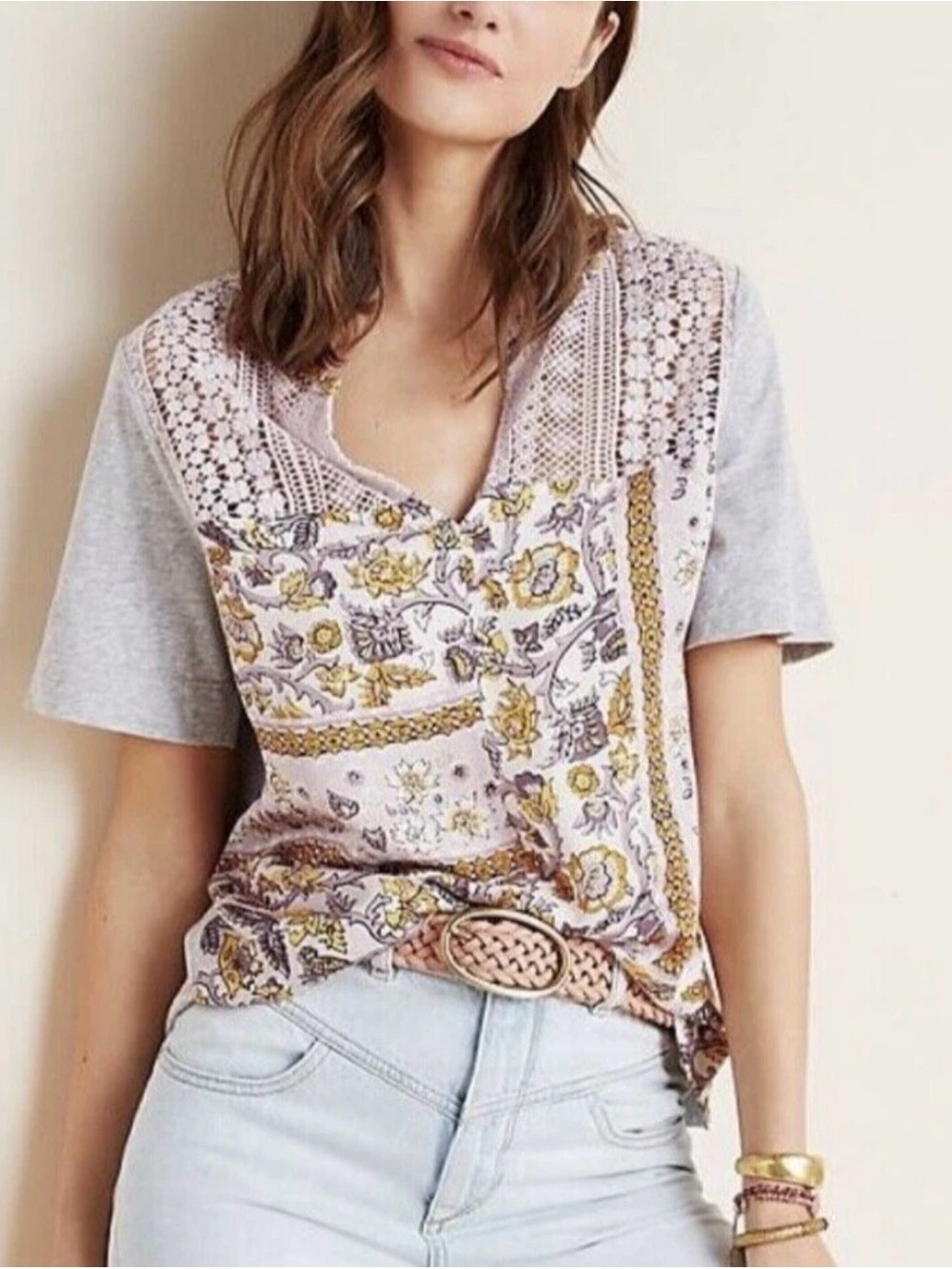 TINY Anthro S Grandmacore Boho Fairy Yellow Lavender Samra Floral Crochet TShirt